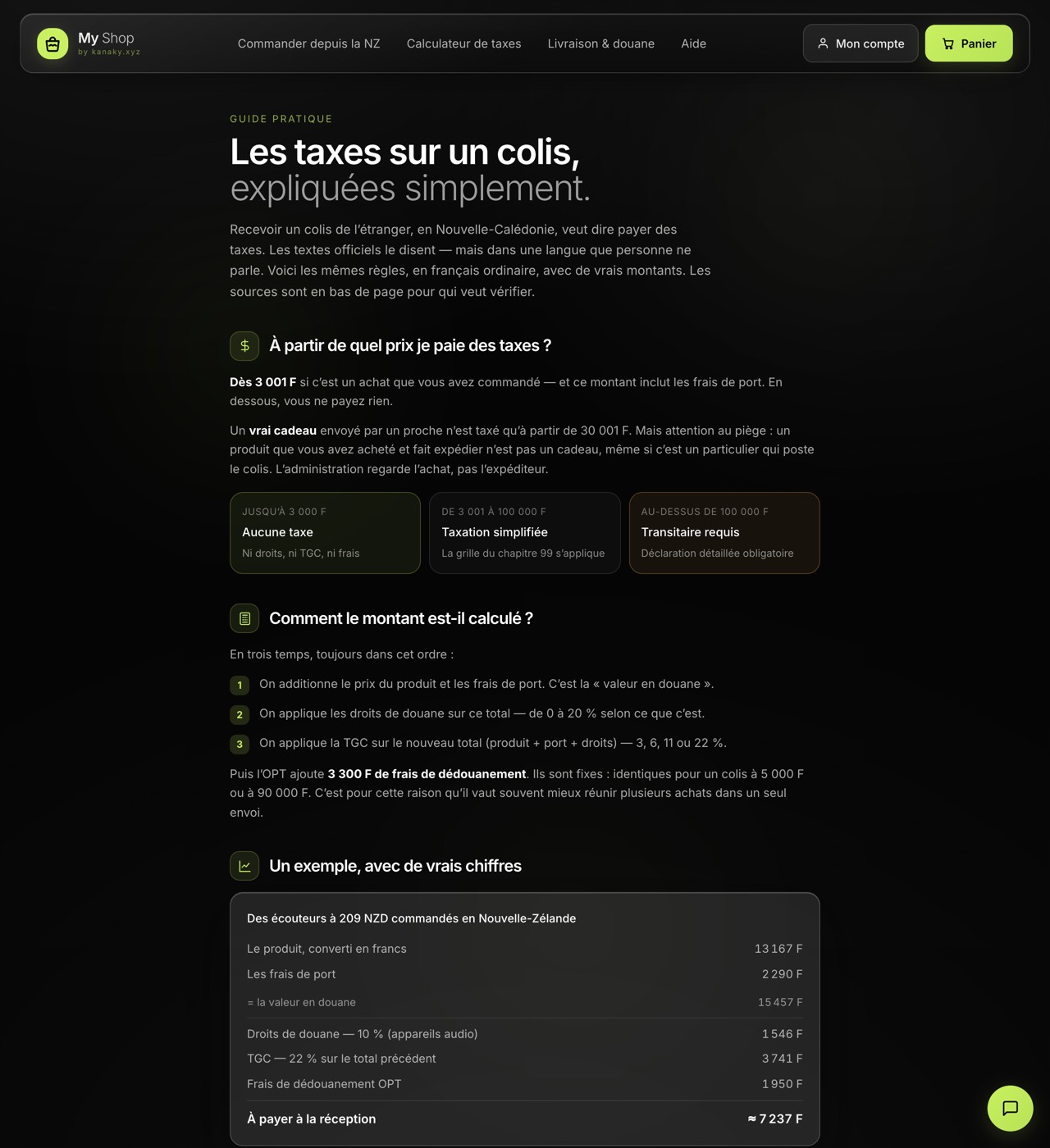 Page pédagogique de My Shop expliquant les taxes douanières calédoniennes, avec les seuils et les taux par catégorie de produit.