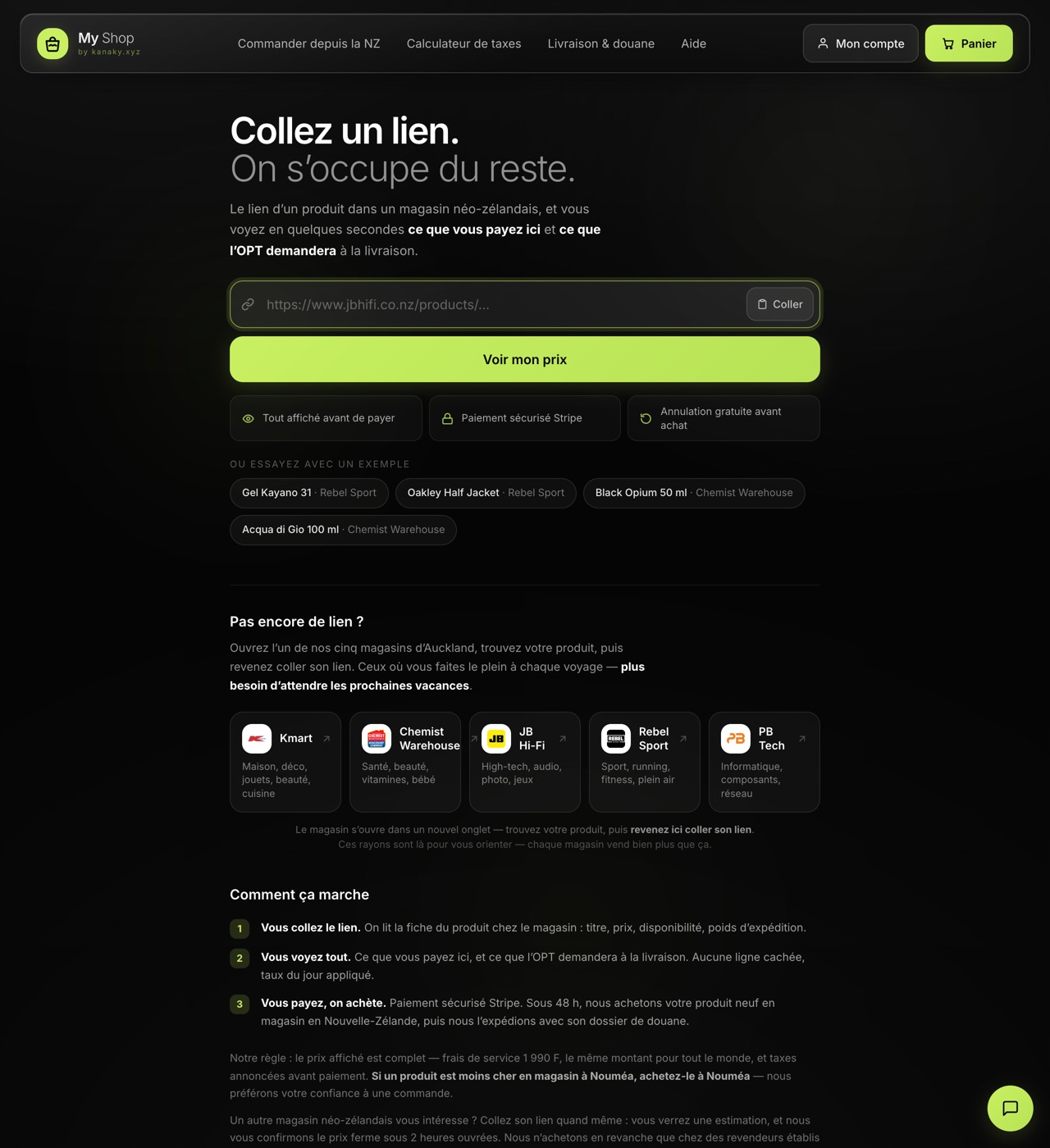 Page de commande de My Shop : champ pour coller un lien produit, cinq enseignes néo-zélandaises, et le détail du calcul du prix rendu en Nouvelle-Calédonie.